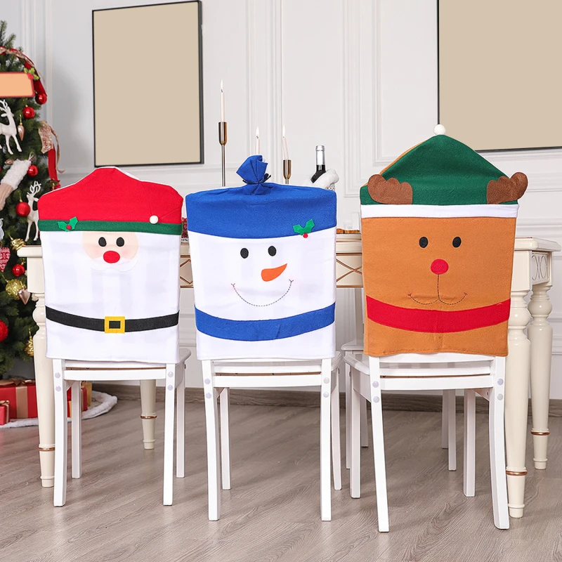 

Cartoon Santa Hat Chair Covers Christmas Decor Non-woven Fabric Dinner Chair Xmas Cap Sets Dinner Table Hat Chair Back Covers
