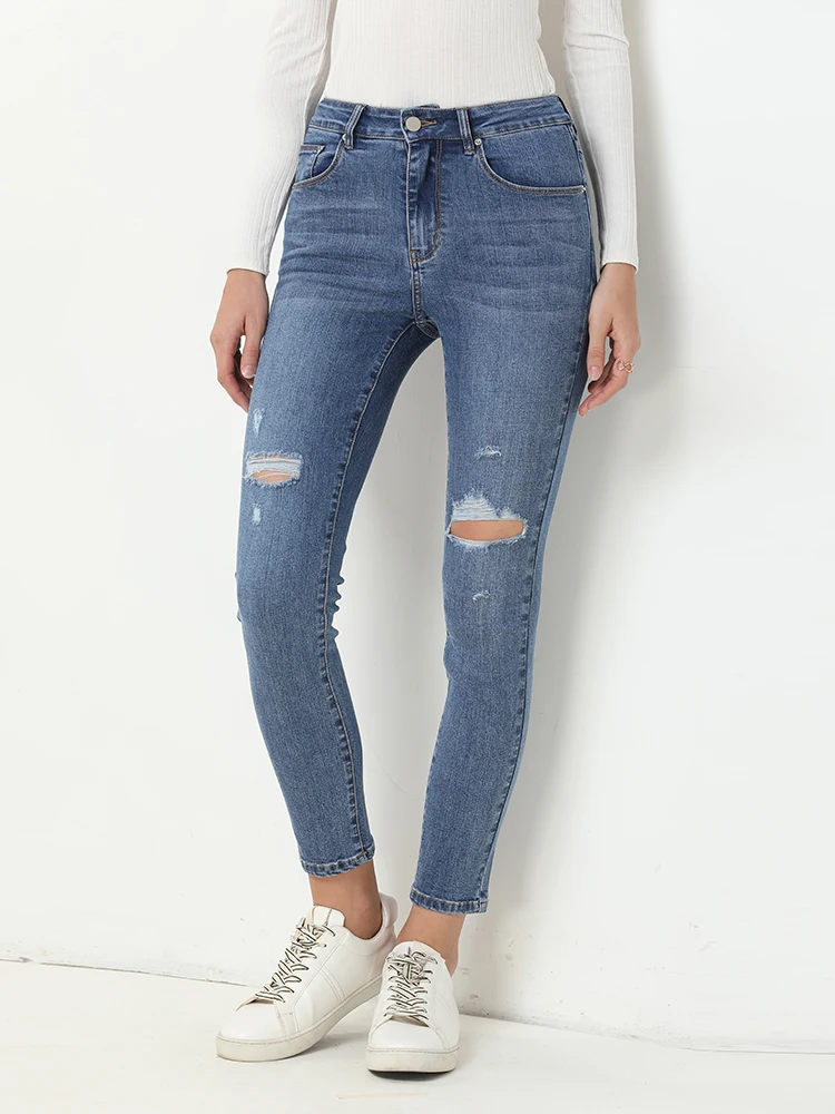 

Женские узкие рваные джинсы Y2k, уличная одежда, модель 2022 года, модные эластичные брюки-карандаш с завышенной талией, облегающие пикантные д...