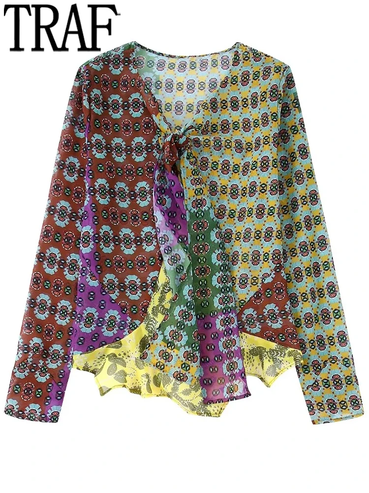 

Блузка женская шифоновая с длинным рукавом и принтом, полупрозрачная