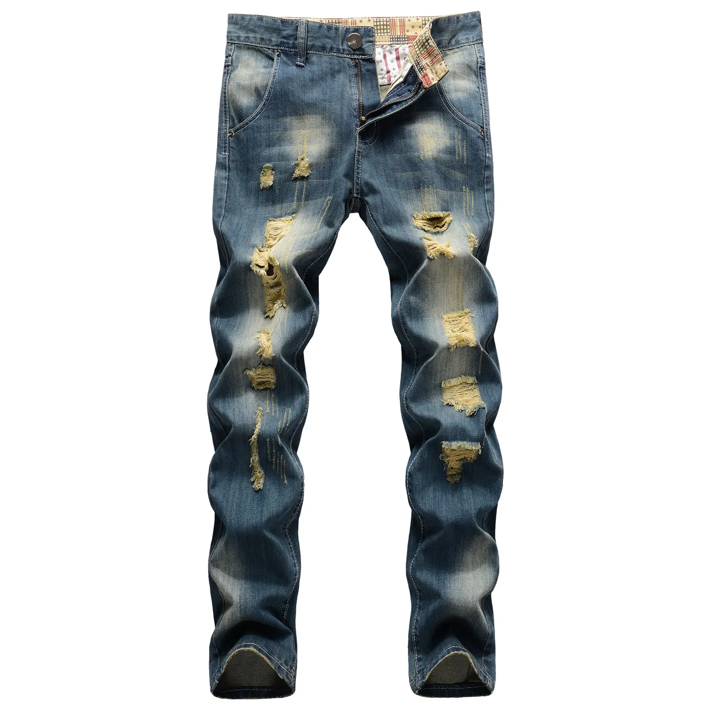 2023 Men Ripped Jeans Casual Fashion Classic Style Pure Color Denim Pants New High Quality Stretch Slim Male Pencil Trouser Blue