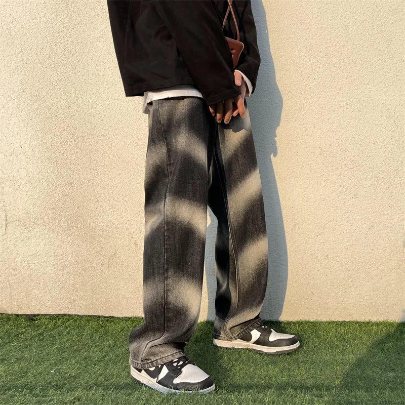 Blue Black Baggy Jeans Men Fashion Tie-dyed Jeans Men Japanese Streetwear Hip-hop Loose Straight Denim Pants Mens Trousers M-2XL