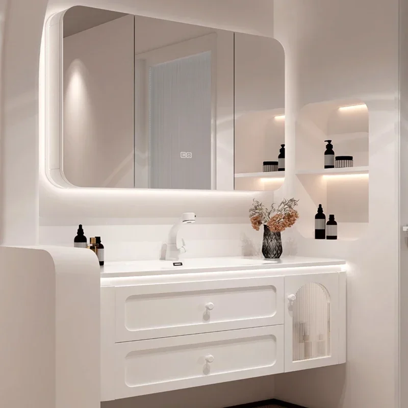 Фотообои для стен с двойной раковиной и выдвижными ящиками