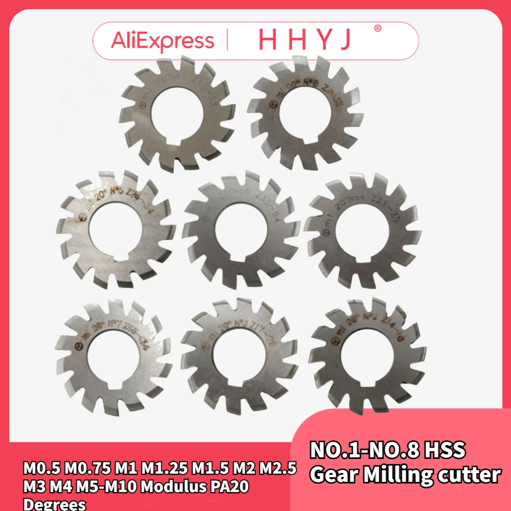 

1PCS M0.5 M0.75 M1 M1.25 M1.5 M2 M2.5 M3 M4 M5-M10 Modulus PA20 Degrees NO.1-NO.8 HSS Gear Milling Cutter Gear Cutting Tools