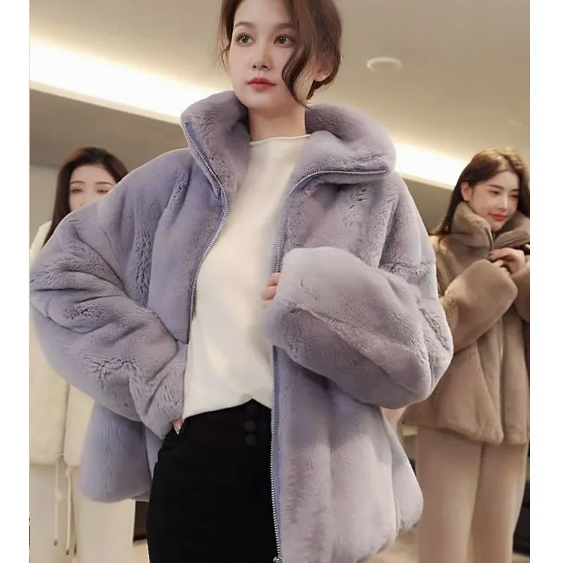 Parkas Women's Outdoors Coats Jackets 2022 Winter Faux Fur Rabbit Splicing Stand Collar Keep Warm Cardigan Casual Jacket Woman