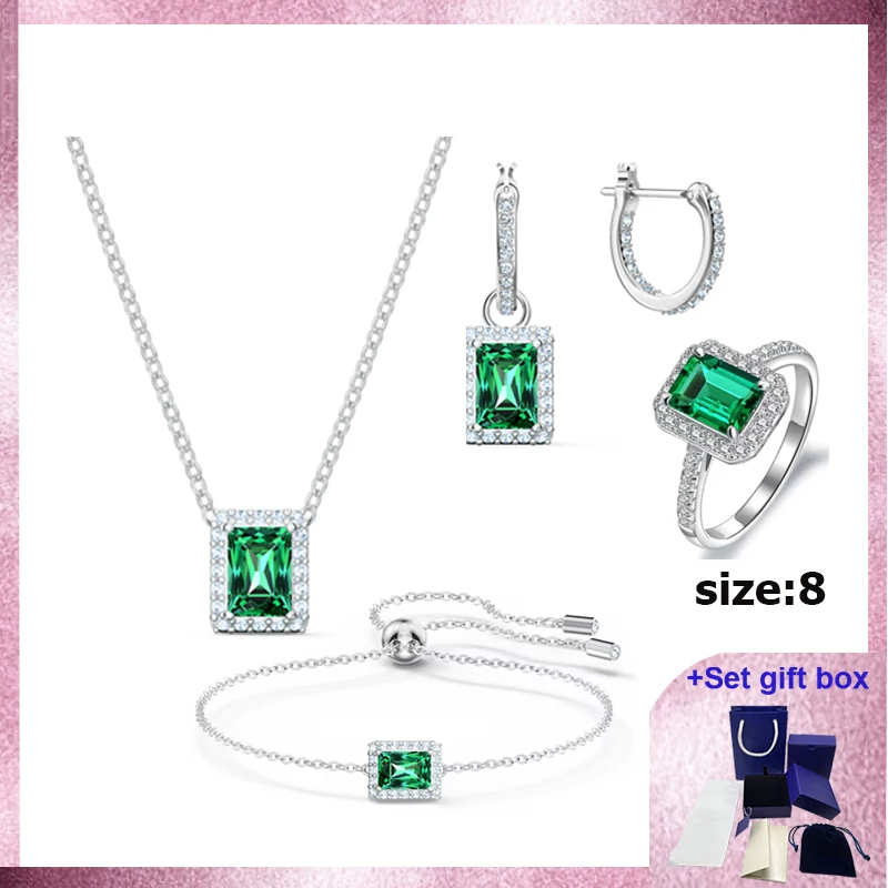 

S High Quality Jewelry Emerald Necklace Bracelet Earring Stud Ring Set, Enhance Your Temperament