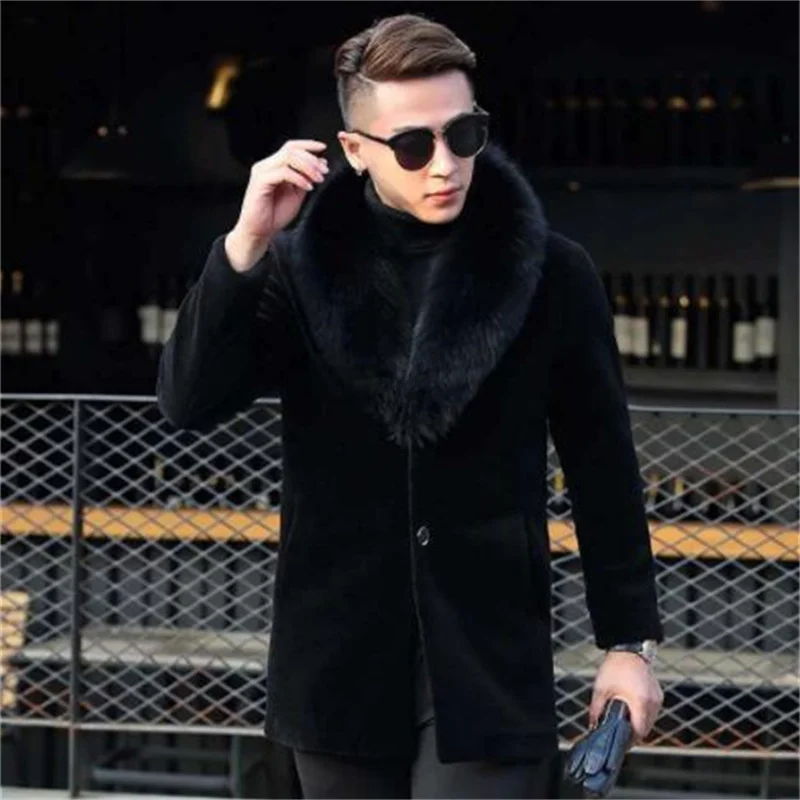 Fur collar leather coats men's faux fur jackets mid-length clothes winter single-breasted black casacos de inverno masculino