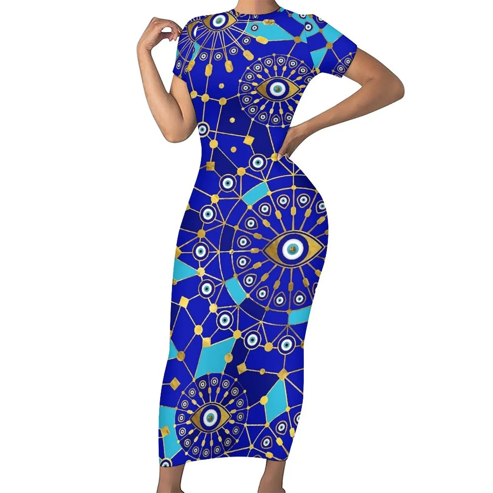 

Evil Eye Charm Bodycon Dress Female Geometry Print Trendy Maxi Dresses Spring Short Sleeve Aesthetic Design Big Size Dress