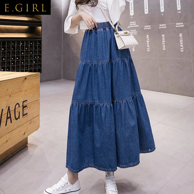 Denim Skirts Women Vintage Elegant Pleated Lady Autumn All-match Stretchy Simple Solid Daily Ulzzang Ankle-length