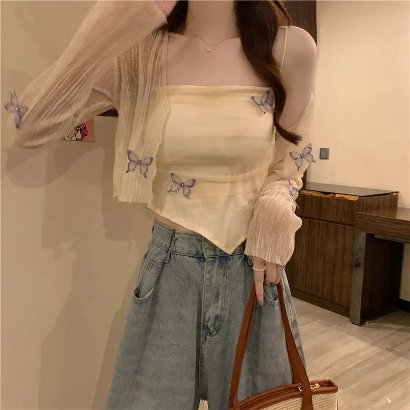 Летние сладости в корейском стиле вязаный кардиган с бабочками укороченная