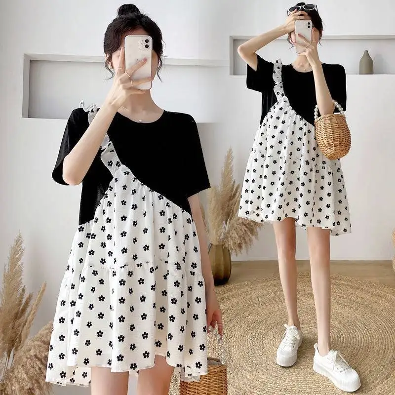 

Платье для беременных летняя юбка Новинка имитация двух частей летний свободный наряд одежда средней длины для беременных Платья Одежда для беременных