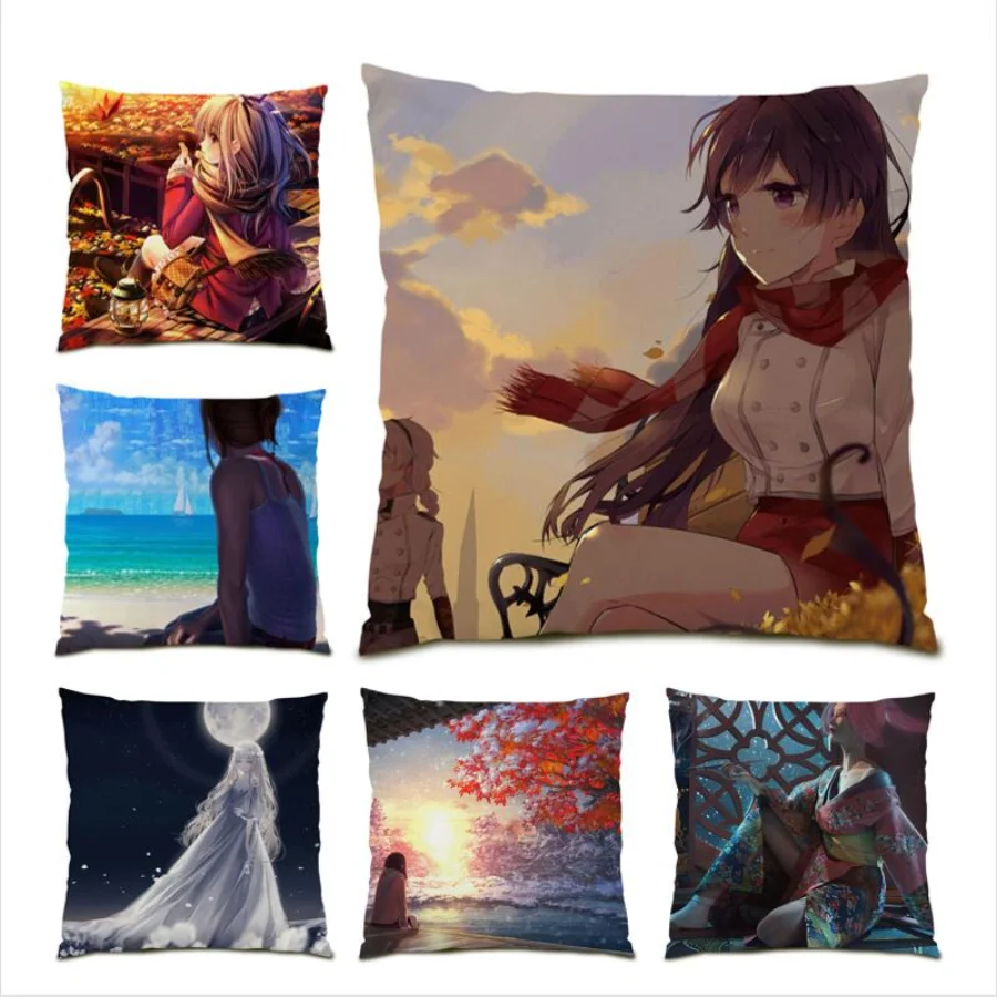 

Living Room Decoration Square Cushion Cover 45x45 Polyester Linen Gift Poster Decor Pillowcase Beautiful Girl Japanese E0692