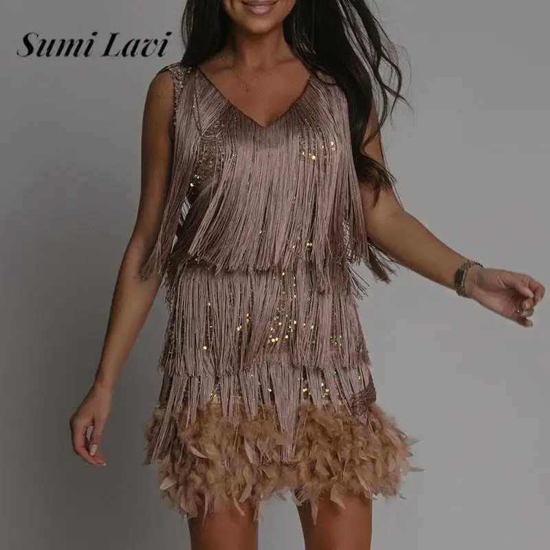 

2023 New Fashion Sequins Feather Tassel Dress Elegant Sleeveless V Neck Party Mini Dress Sexy Solid Color Backless Bodycon Dress