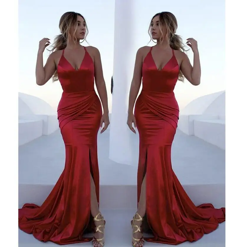 Женское атласное платье-русалка, красное вечернее платье с разрезом спереди и перекрестной спинкой, платье для подружки невесты, модель 2022