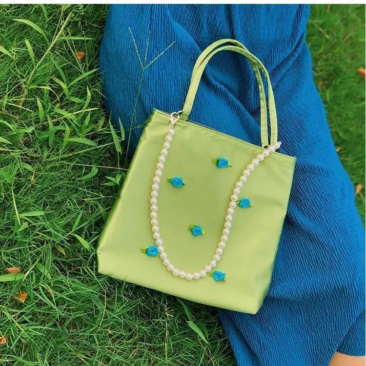 

Retro Green Flower Pearl Chain Luxury Design Satin Shoulder Bag for Women Ladies Purse Female Girls Underarm Tote Bags Handbags