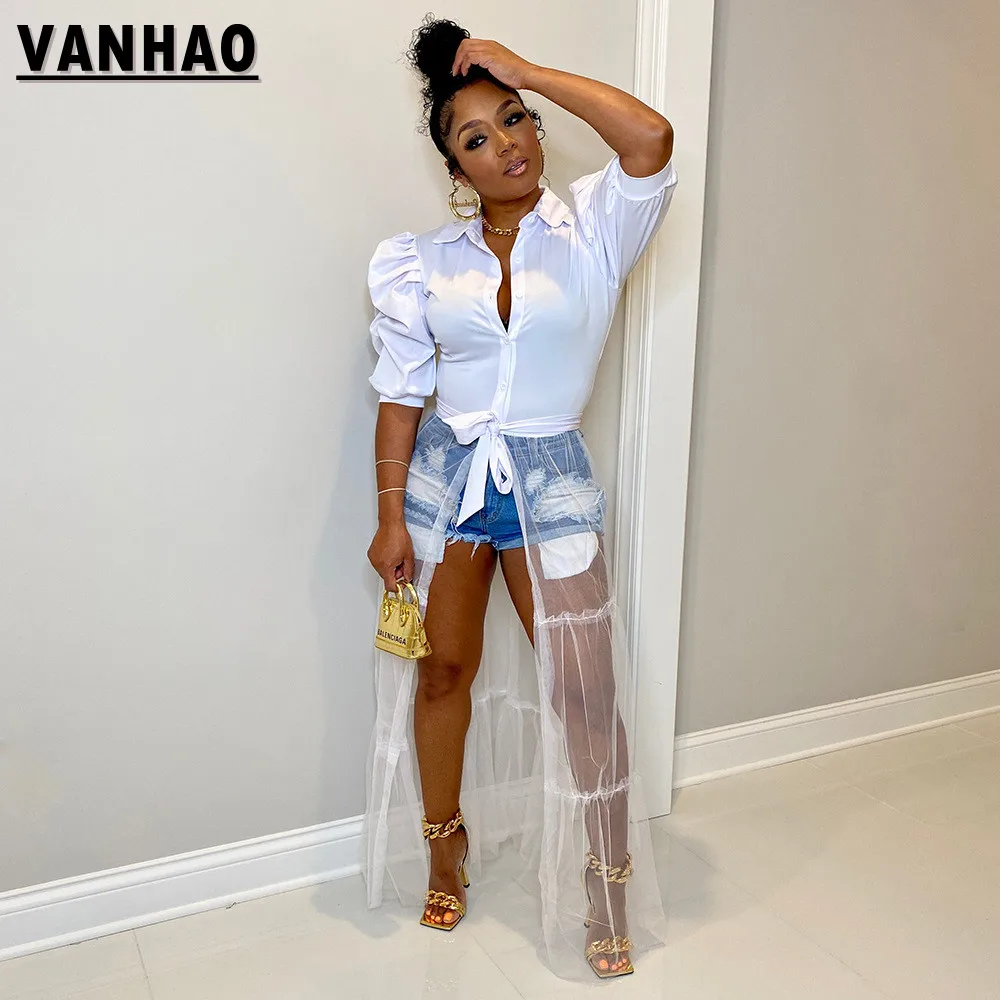 

VANHAO 2022 Sexy Fashion Mesh Patchwork Blouse Maxi Long Dresses Short Sleeve Women Dress Street Wear Wholesale Dropshipping
