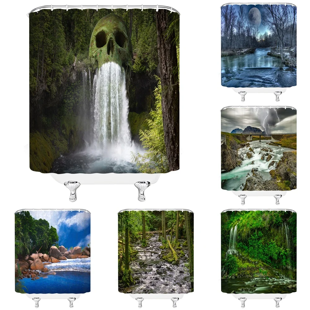 

Skull Waterfall Shower Curtain Bathroom Decor Nature Lake Plant Green Trees Scenery Jungle Forest Landscape Fabric Bath Curtains