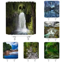 skull waterfall shower curtain bathroom decor nature lake plant green trees scenery jungle forest landscape fabric bath curtains
