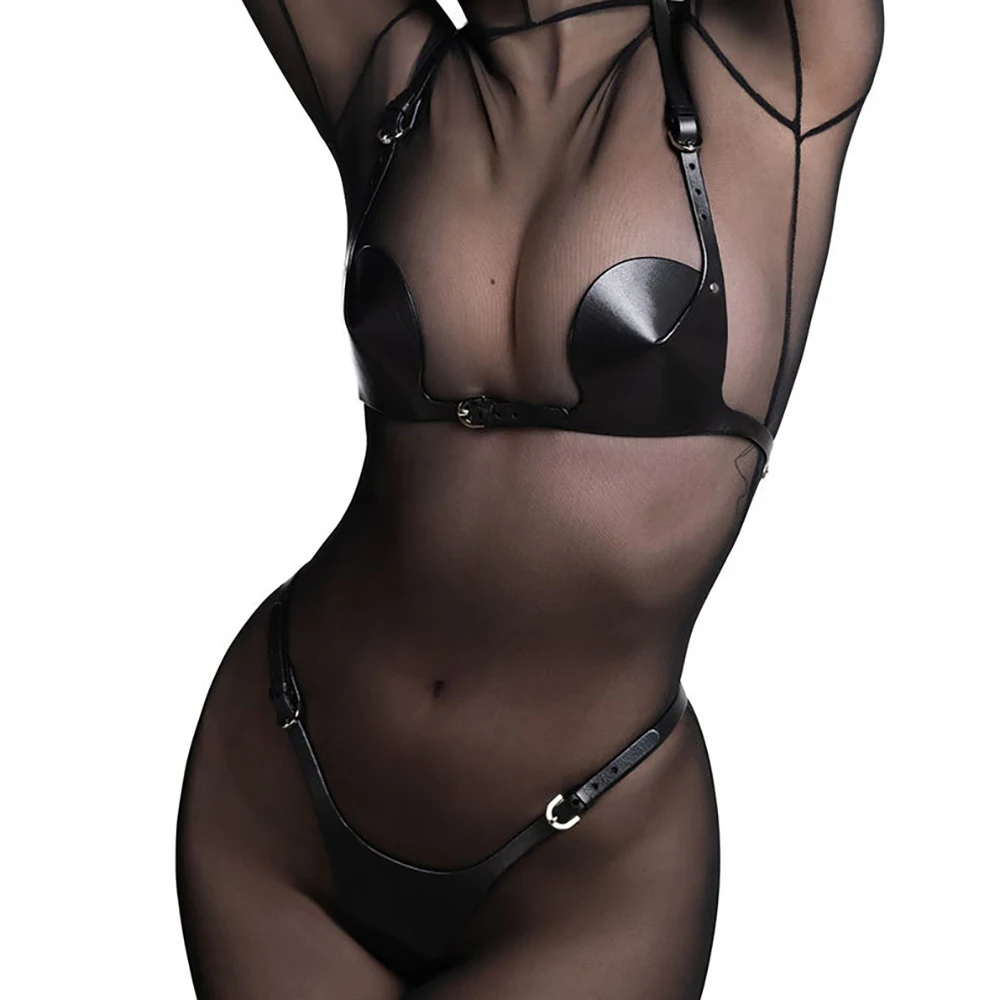 

Sexy Gothic Clothes Women's Lingerie Leather Erotic Tight Body Bondage Adjustable Body Bra Garter Belt Goth Accessories Rave