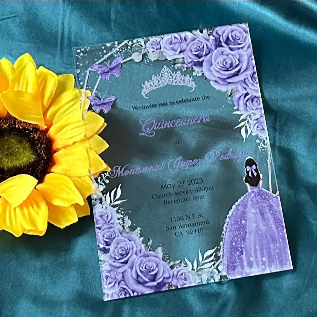 

Custom 10pcs Transparent Acrylic Quinceanera Invitaiton,Sweet Birthday Invite for Party Favor Decoration