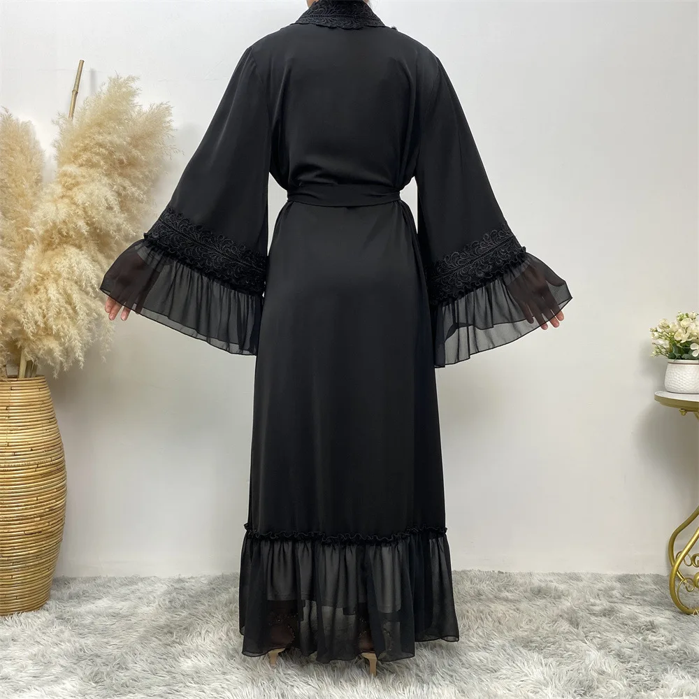 Fashion Djellaba Muslim Dress Dubai Full Length Flare Sleeve Soft Lace Abaya Dubai Turkey Muslim Islam  платья мусульманские