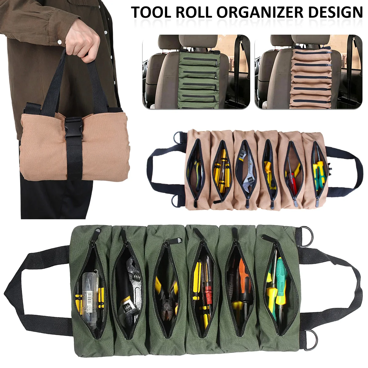 

Vehicle Tool Roll Pack Tool Roll Up Bag Multifunction Tool Roll Up Bag Wrench Organizer Roll Pouch Hanging Tool Zipper Carrier