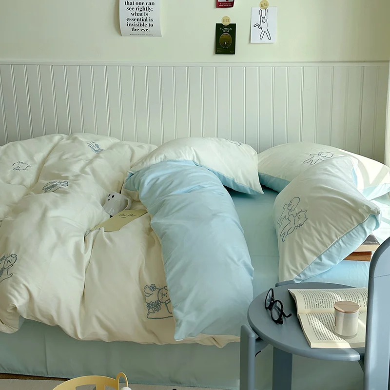 INS Embroidery Solid Washed Cotton Four-Piece Set Cartoon Sle Simple Student Dormitory Three-Piece Bedding