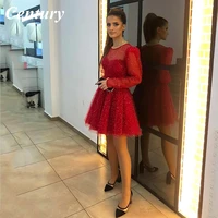sparkly red prom dresses long sleeves short evening dresses sequined tulle above formal party dresses a line celebrity dresses