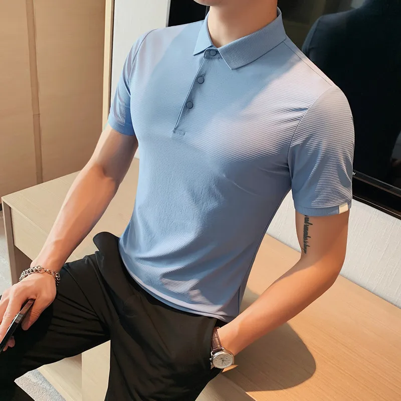

2022 Summer Ice Silk Cool Polo Shirts Men Short Sleeve Slim Lapel Tee Tops Men Clothing Casual Slim Business Social T-shirts