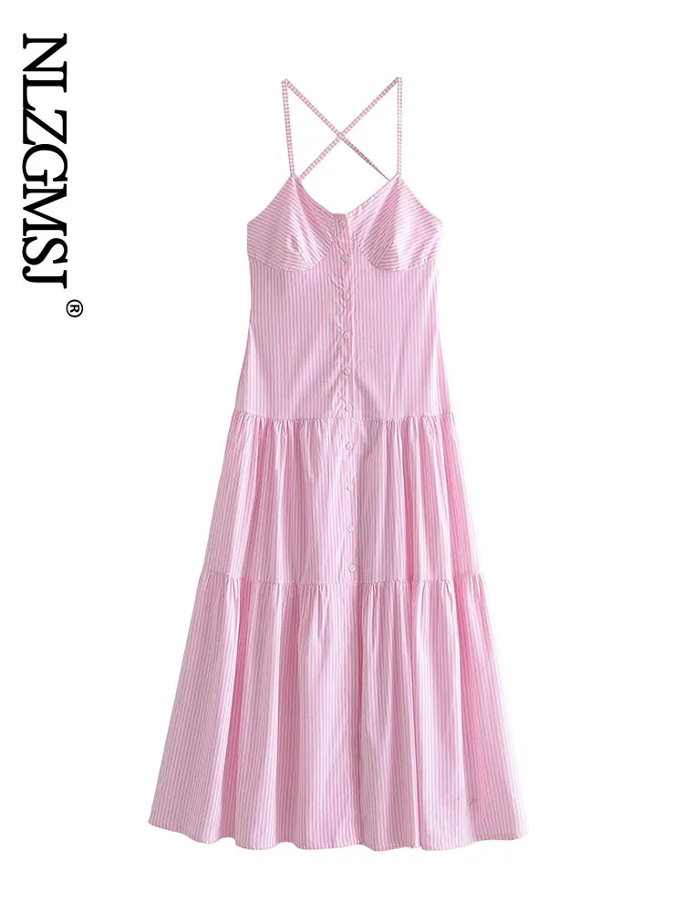 

Платье женское длинное в полоску, с открытой спиной и рюшами