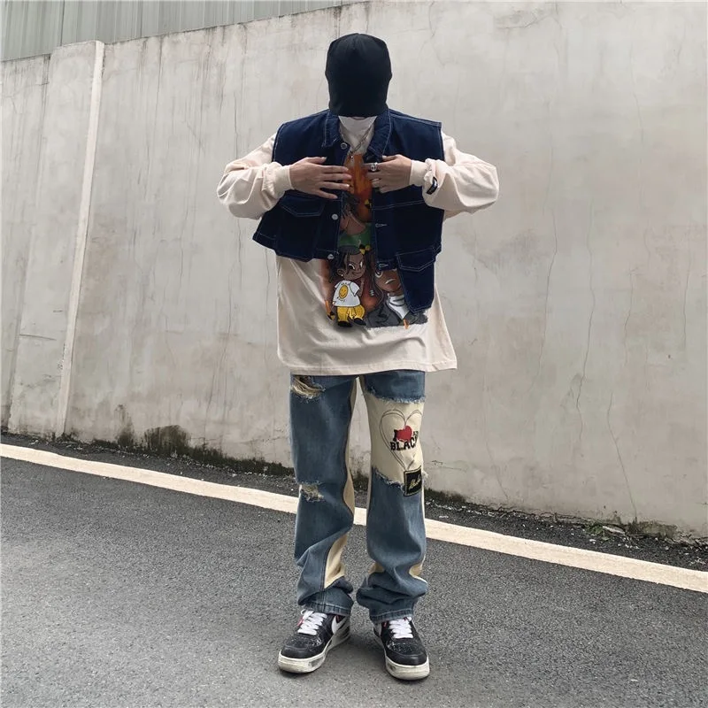 DEEPTOWN Patchwork Ripped Men Jeans Straight Hole Denim Pants Y2K Streetwear Trousers Male Fashion Loose Casual Japanese Spring