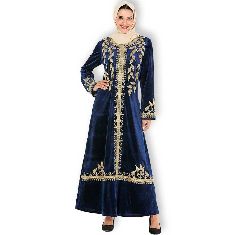 Женское мусульманское платье Wepbel, мусульманская одежда, абайя, темно-синяя, с вышивкой, арабское Золотое бархатное платье, халат, турецкий к...