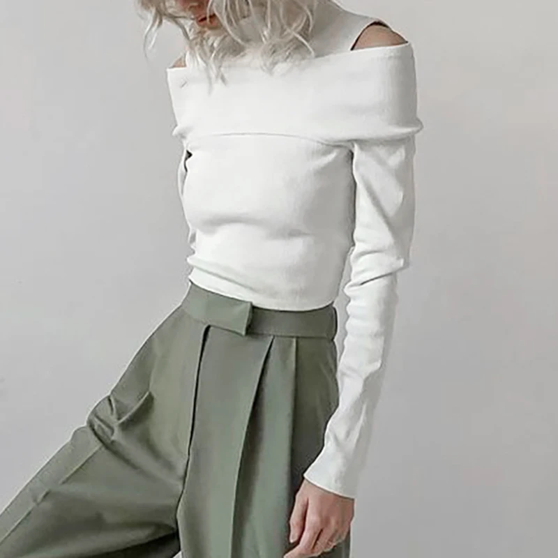 

Knitted Cold Shoulder Woman T Shirts Stand Collar White Casual Long Sleeve Korean Short Slim Women's T Shirt 2021 Spring New