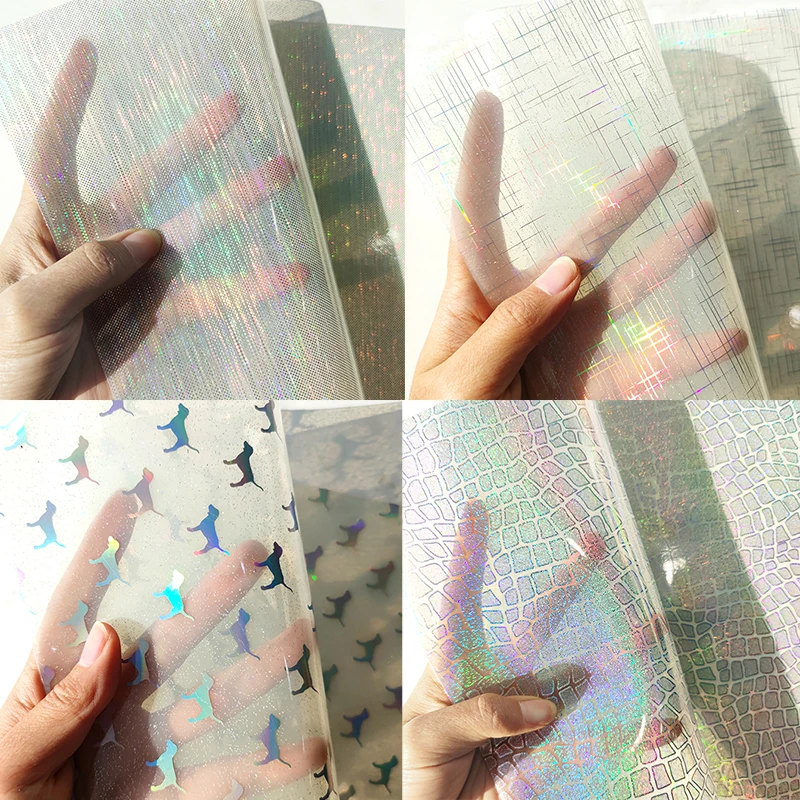

Transparent Holographic Faux Leather Sheets Printed Flash PVC for Bows HandBags Umbrella Jackets Earrings DIY Crafts 30x135cm