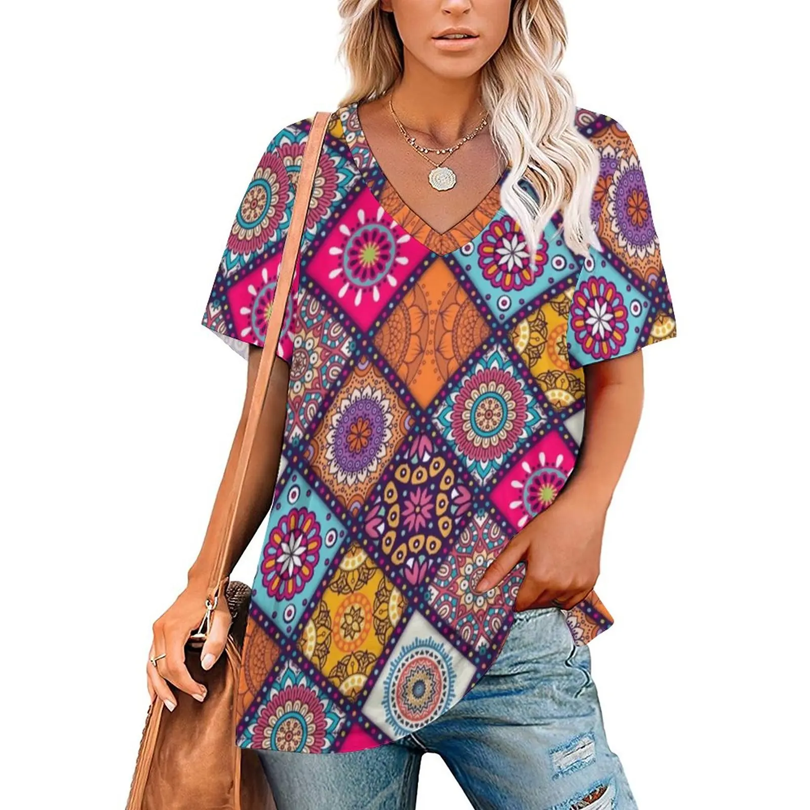 

Bohemian Mandala T-Shirt Hippies Print Retro Oversize T Shirts Short Sleeve V Neck Street Style Tees Beach Pattern Clothing