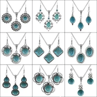 erh l104c turquoises jewelry sets round dome green stone dangle earrings pendant necklace party women jewellery