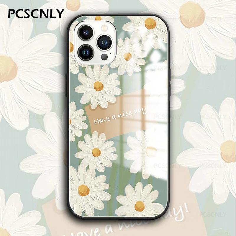 

Oil Painting Flower Pattern Phone Case For iPhone 14 13 12 11 Pro Max Glass Hard Cover For iPhone 12mini 13mini 14Plus Cases