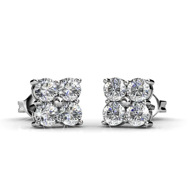 

18k White Gold Cluster Stud Earrings with, Round Diamond Cut Stone Earring Set, Wedding Silver Studs for Women