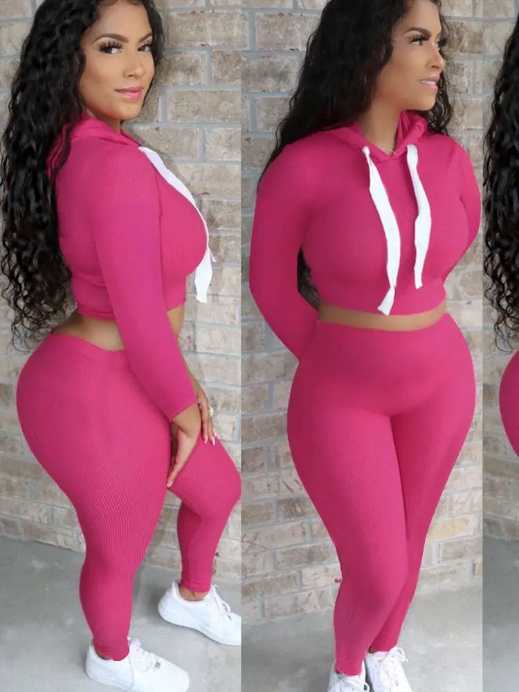 

HAOYUAN Knitted Two Piece Set Women Tracksuit Long Sleeve Crop Hoodies Pants Sweat Suit Sexy Sporty Fall Clothes Matching Sets