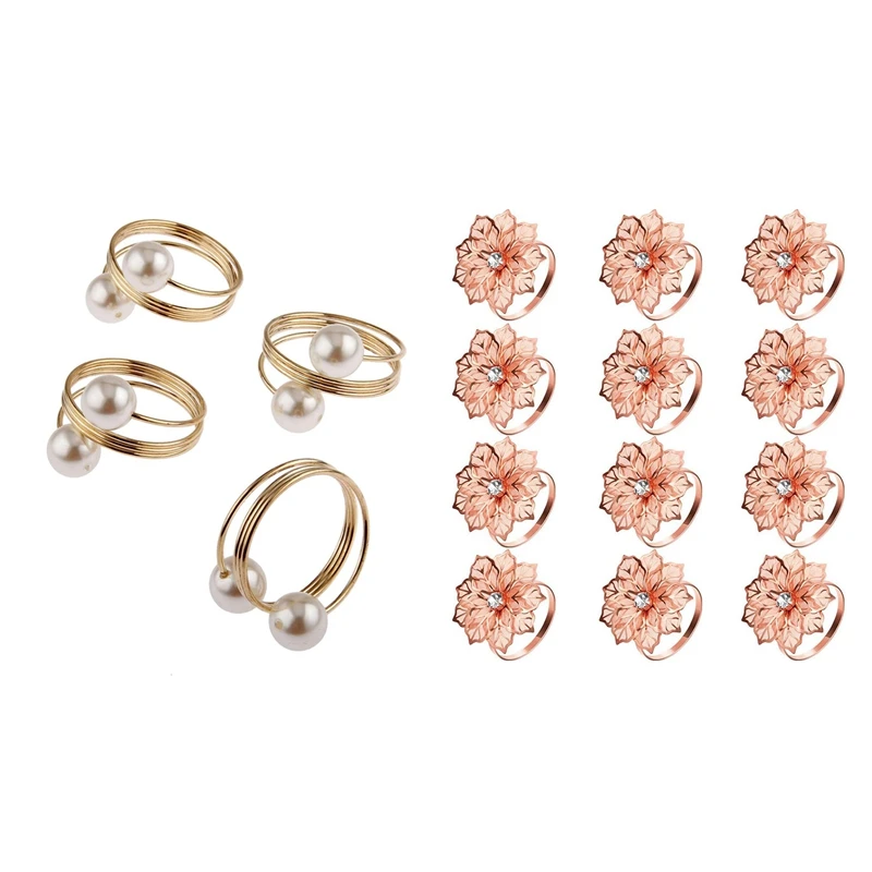 

12Pcs Pearl Napkin Buckle Hoop Napkin Rings Holder With 12Pcs Napkin Rings And Hollow Out Flower Napkin Holder