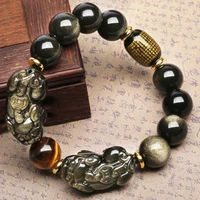 feng shui gift yellow tiger eye double pi xiu obsidian heart sutra bracelet for man and women attract wealth good luck jewellery