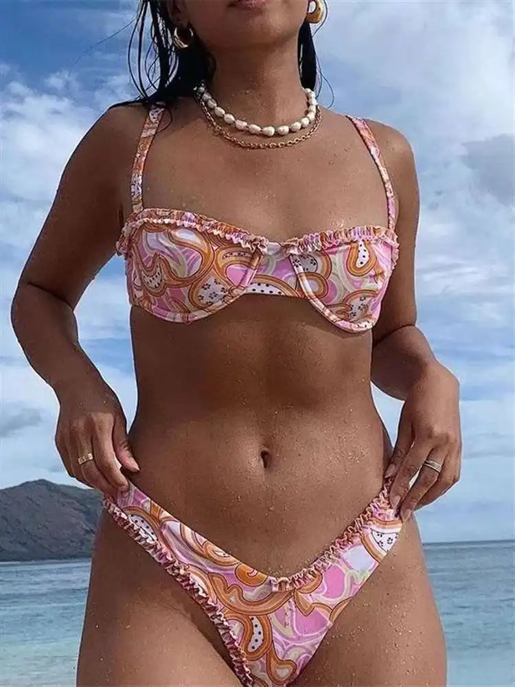 Цветочный купальник с оборками бикини эффектом пуш-ап высоким вырезом стринги на