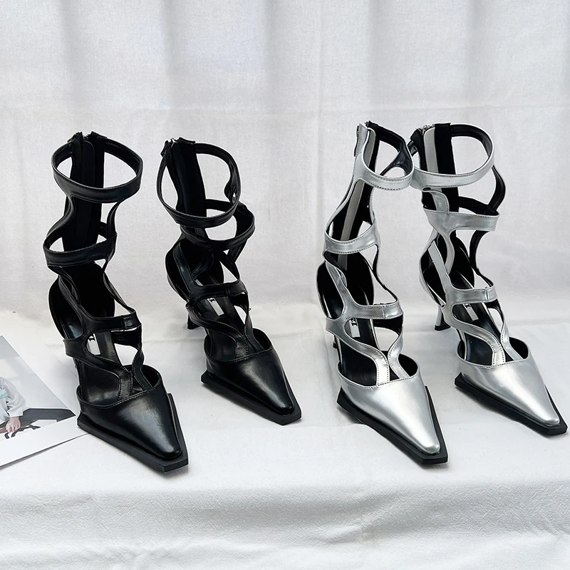 

Pointed Toe Women Ankle Boots Summer Hollow Pointed Toe Black Silver White Back Zipper Thin High Heels 2022 New Arrivals Botas