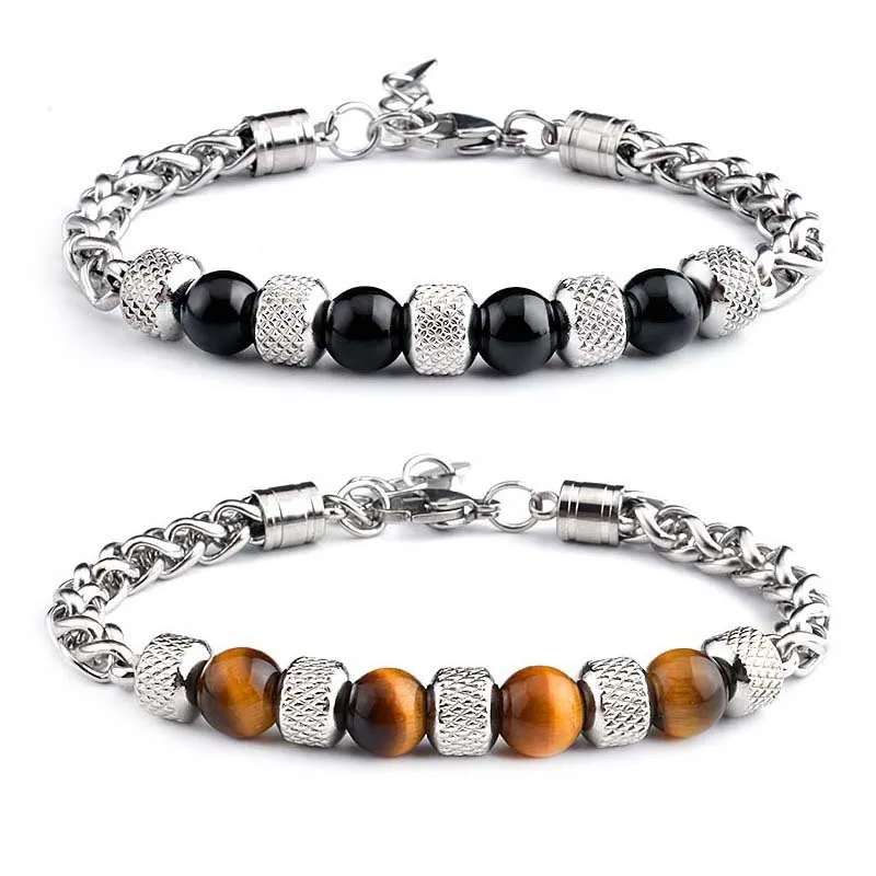 

New 2022 Men's Tiger Eye Stone Beaded Bracelet Stainless Steel Gunmetal Link Chain Yoga Bracelet Male Jewelry Dropshipping