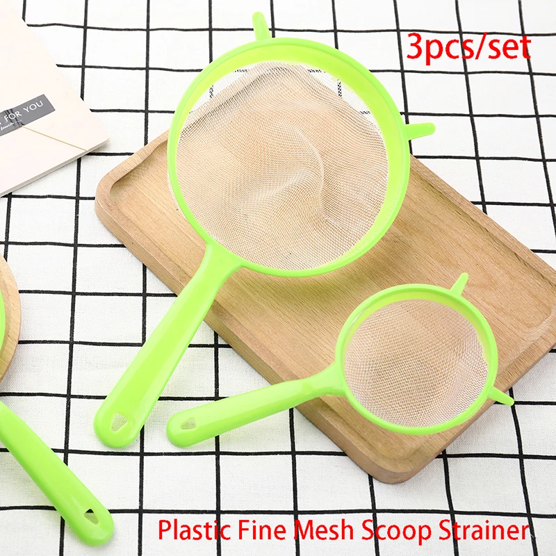 

3Pc Plastic Fine Mesh Scoop Strainer Colander Flour Sieve With Handle Juice Tea Strainer Tool Kitchen Accessories