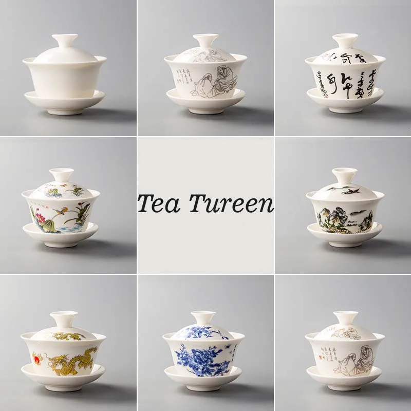 

Tureen and Bowls White Porcelain Ceramics Gaiwan Tea Cup Kung Fu Tea Set Gift Special Offer Pottery Bowl Lid Blue-and-white
