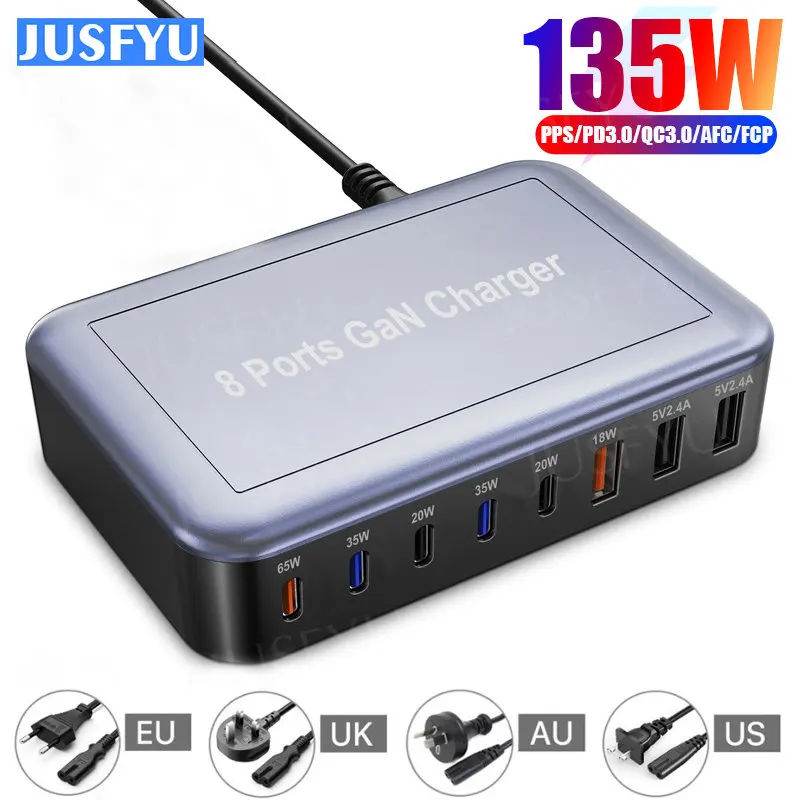 

GaN 135W Fast Charger 8-Port USB C Charging Power Station With 65W 35W PD3.0 18W QC3.0 for MacBook Pro iPhone 14 Samsung Xiaomi