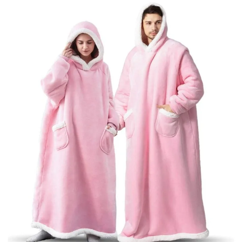 Super Long Flannel Blanket with Sleeves Winter Hoodies Nightgown Women Men Pullover Fleece TV Blanket Robe Dresses Sleepwear
