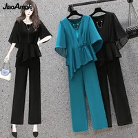 women summer fashion two piece pants set 2022 office lady graceful loose chiffon topstraight trousers suit elegant black outfit