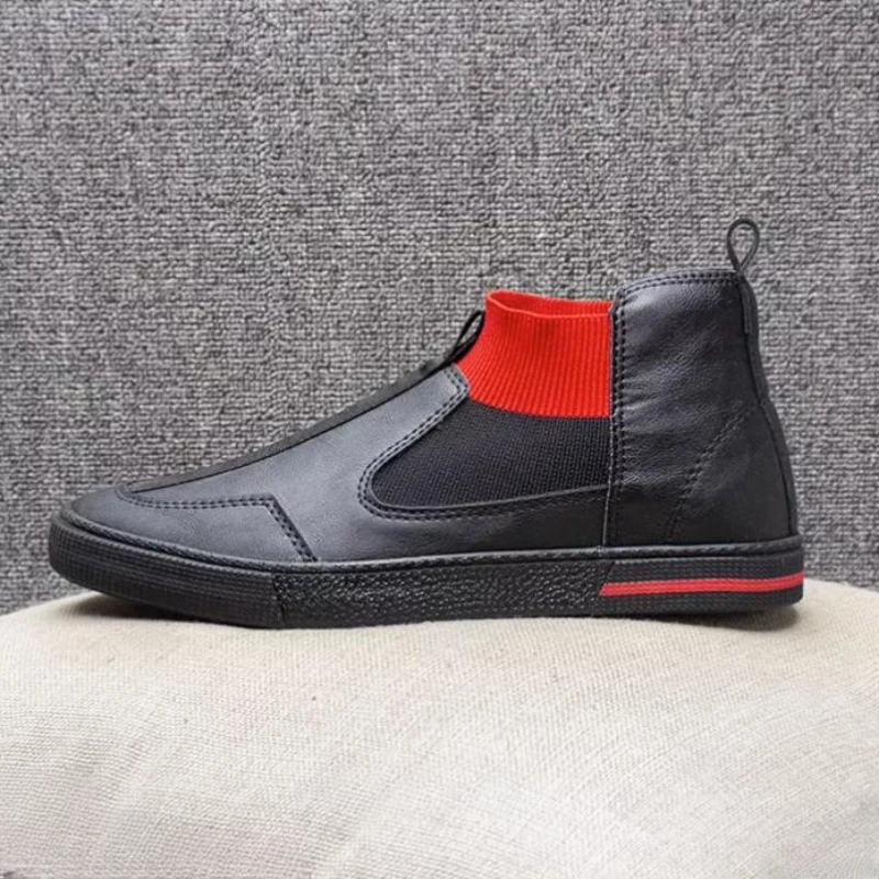 

2023 Autumn New High Top Men's Casual Boots English Style Elastic band Designer Loafers Roud Toe Mixed Colors Flats Black Red