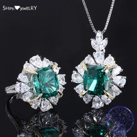 shipei 925 sterling silver crushed ice cut created moissanite emerald gemstone wedding party pendantnecklacering jewelry set